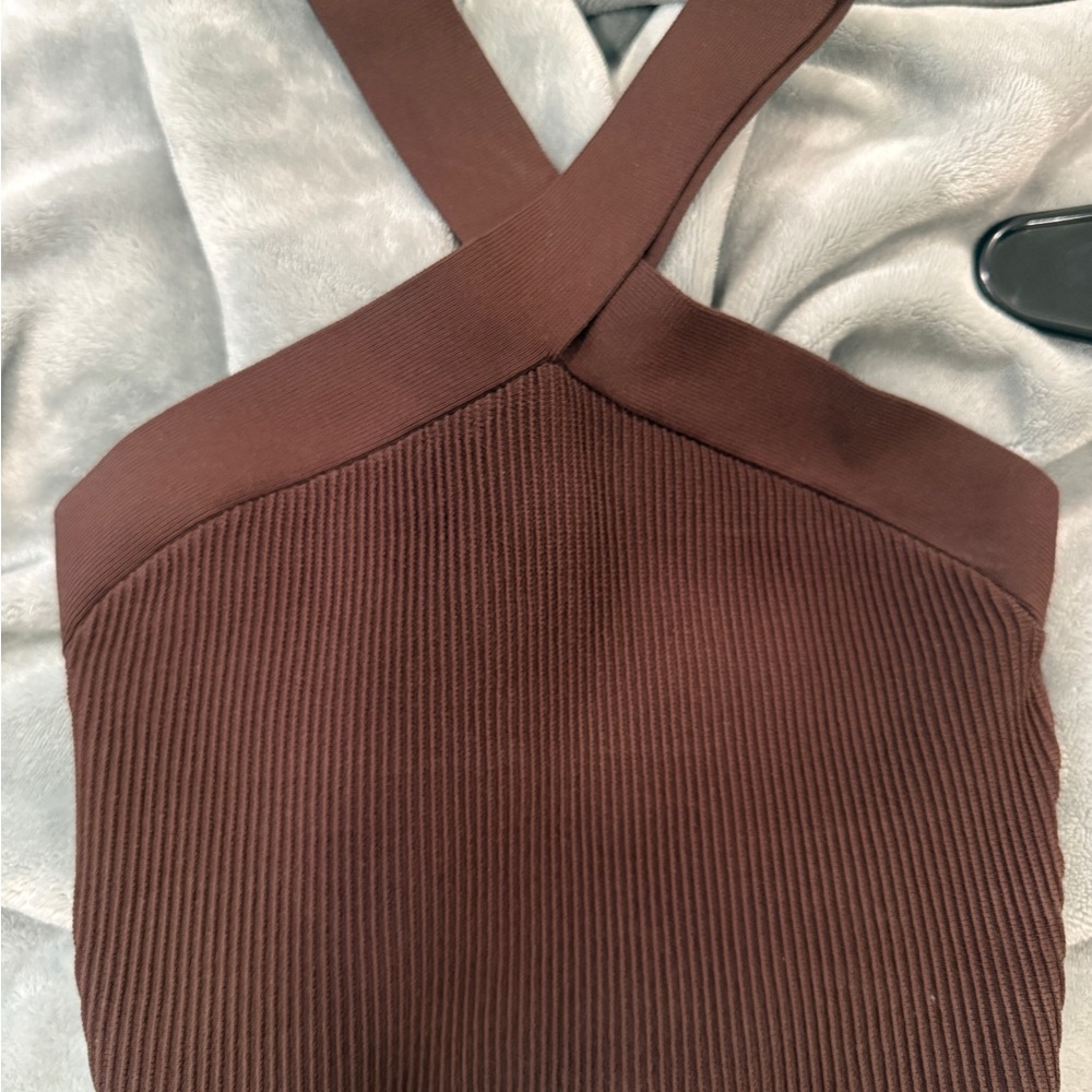 Aritzia Chocolate Ribbed Cross-Back Top